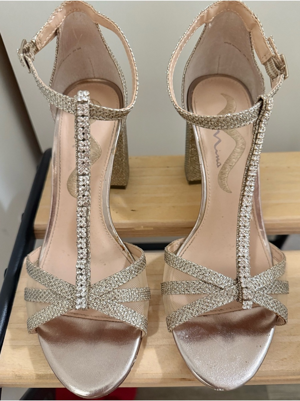 Womens Metallic Gold T-Strap Rhinestone Block Heel Sandals